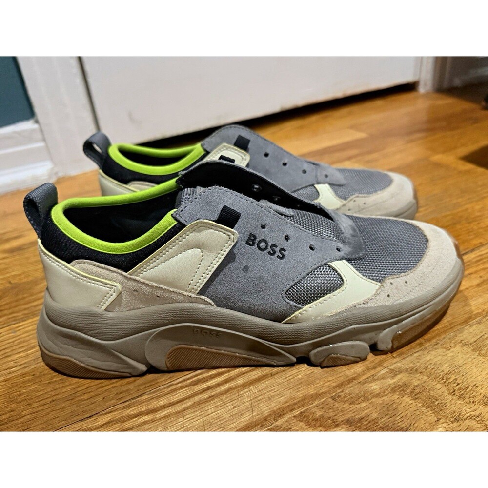 BOSS Men's Asher Runn Low Top Athletic Sneakers Gray Beige Green Style 50493199